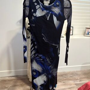 Fuzzi Black and Blue Long-Sleeve Floral Midi Dress